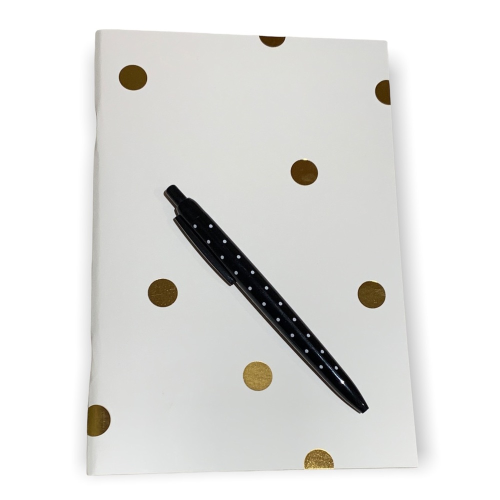 NEW* Kate Spade White & Gold Dot Booklet with Kate Spade Black Polka Dot Pen
